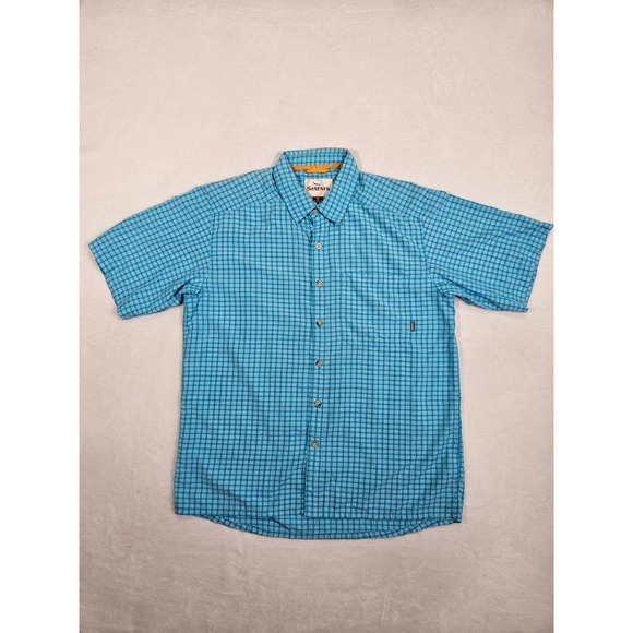 Simms Button Up Shirt Men's Medium Blue Gray Plaid Short Sleeve Preppy Work‎ - Picture 1 of 9
